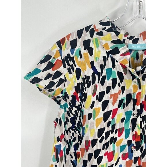 Blue Illusion Button Down Tunic Top Colorful Linen Sz Small Short Sleeve - Picture 3 of 7